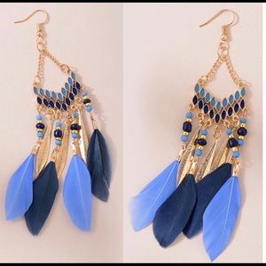 Blue Long Feather Tassel Bohemian Earrings